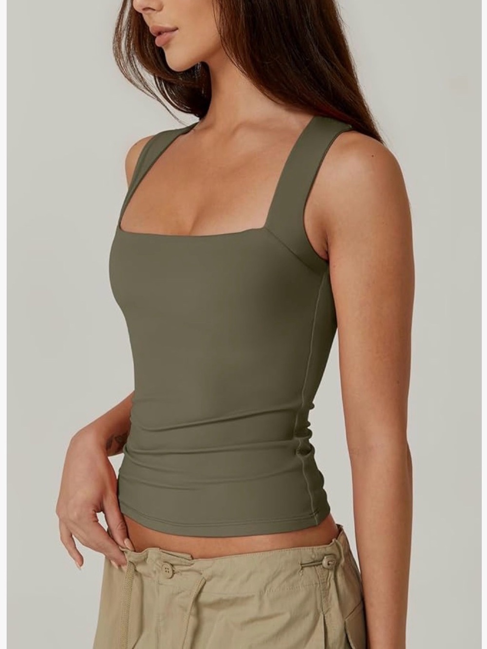 2 QINSEN Womens Square Neck Casual Basic Tank Top in Brown and Green - Size XS